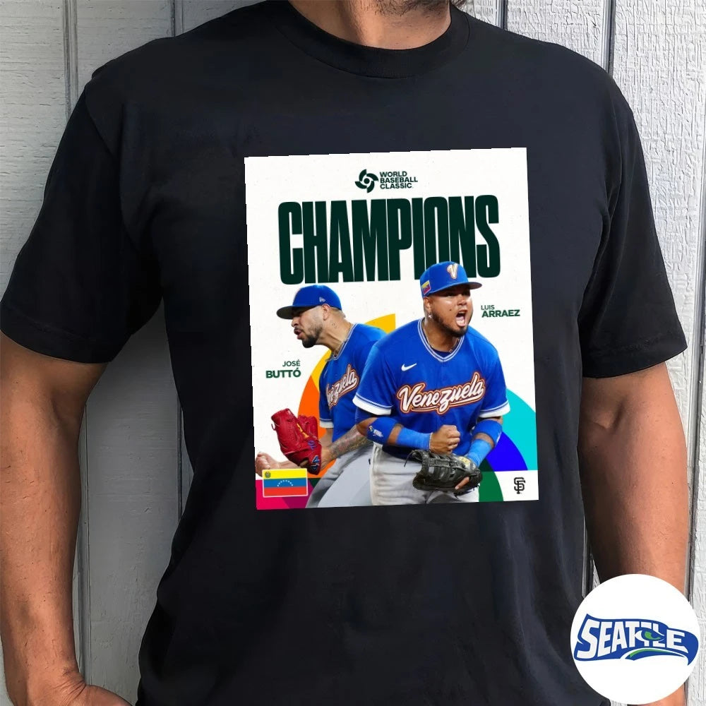 Official José Butto and Luis Arraez 2026 World Baseball Classic Champion Poster t-shirt
