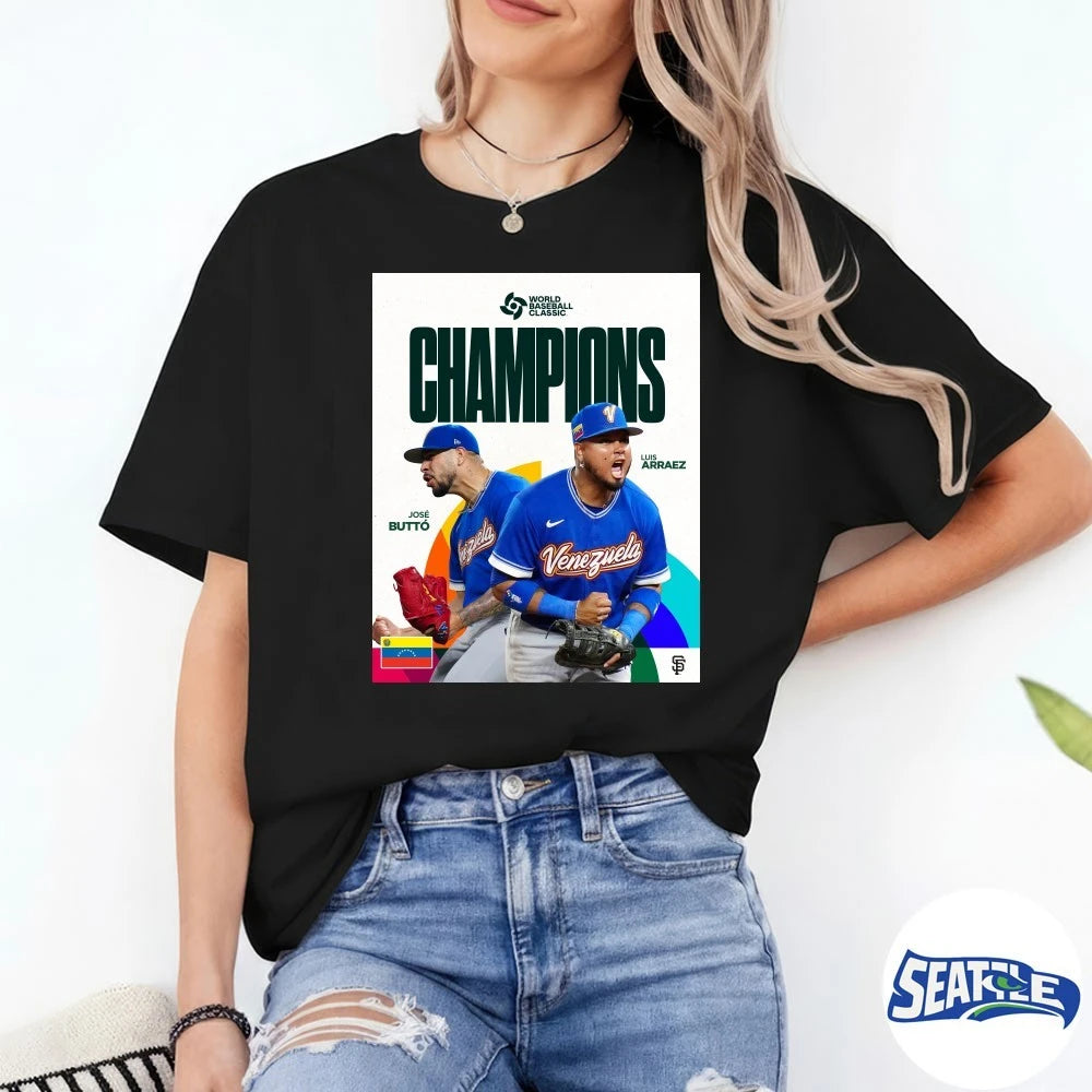 Official José Butto and Luis Arraez 2026 World Baseball Classic Champion Poster t-shirt