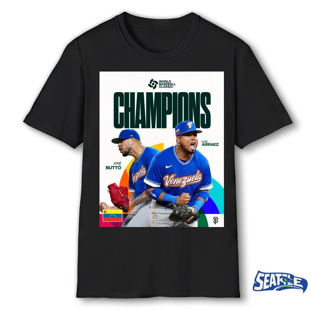 Official José Butto and Luis Arraez 2026 World Baseball Classic Champion Poster t-shirt