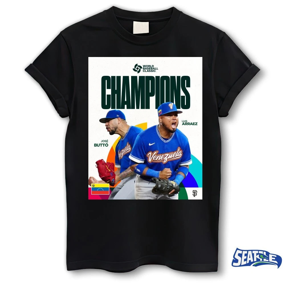 Official José Butto and Luis Arraez 2026 World Baseball Classic Champion Poster t-shirt