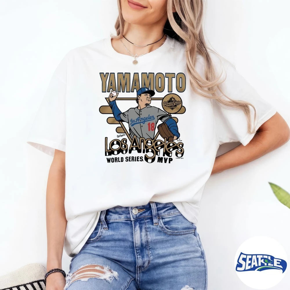 Official Los Angeles Dodgers Yoshinobu Yamamoto Homage Royal 2026 Gold Collection World Series MVP t-shirt