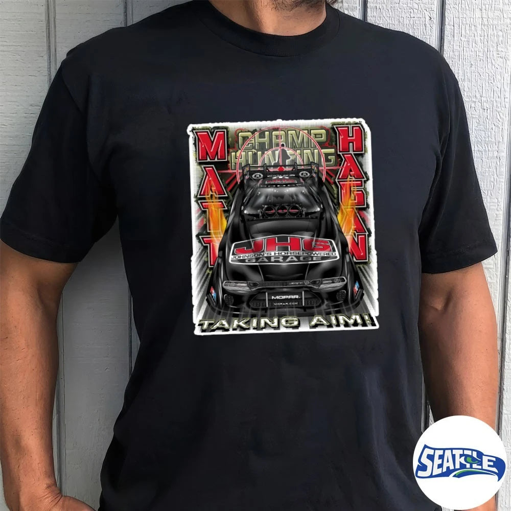 Official Matt Hagan Champ Hunting JHC Johnson’s Horsepowered Garage Taking Aim t-shirt