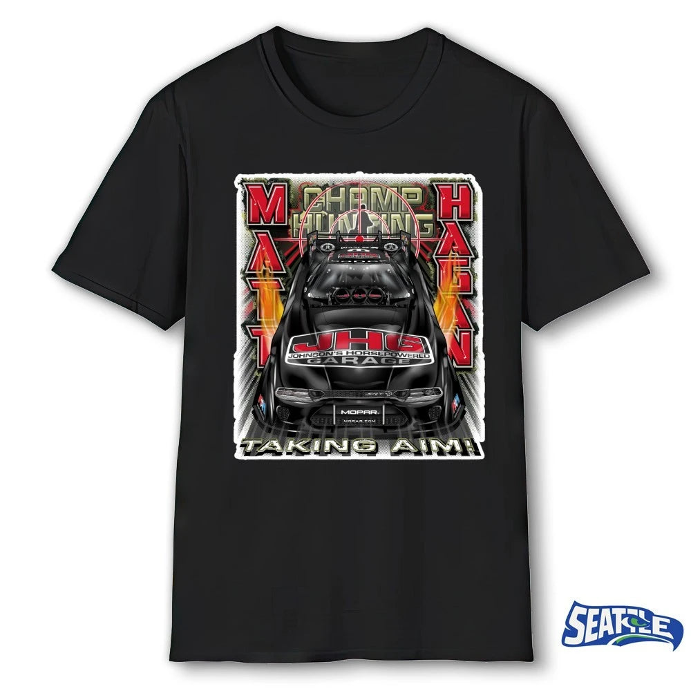 Official Matt Hagan Champ Hunting JHC Johnson’s Horsepowered Garage Taking Aim t-shirt