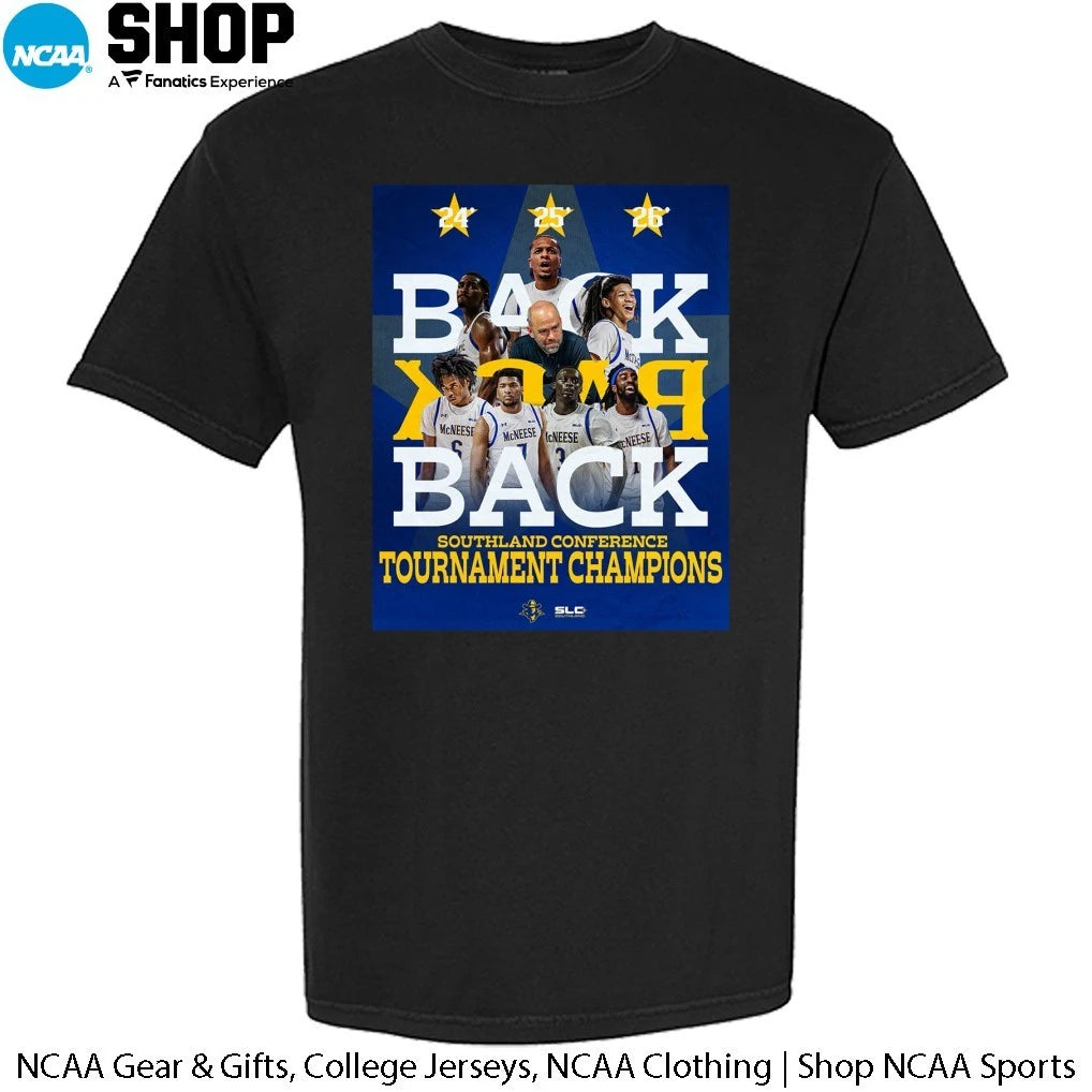 Official McNeese State Cowboys 2026 Men’s Basketball Back to Back Southland Conference Tournament Champions T-Shirt