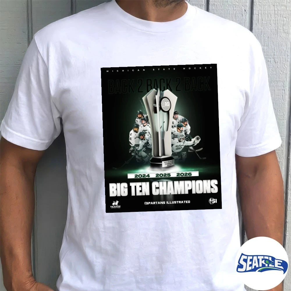 Official Michigan State Hockey Back 2 Back 2 Back 2024-2026 Big Ten Champions Spartans Illustrated Poster t-shirt