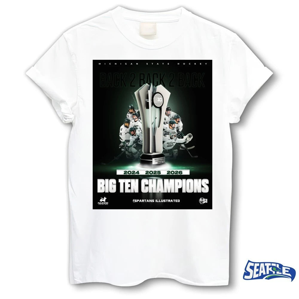 Official Michigan State Hockey Back 2 Back 2 Back 2024-2026 Big Ten Champions Spartans Illustrated Poster t-shirt