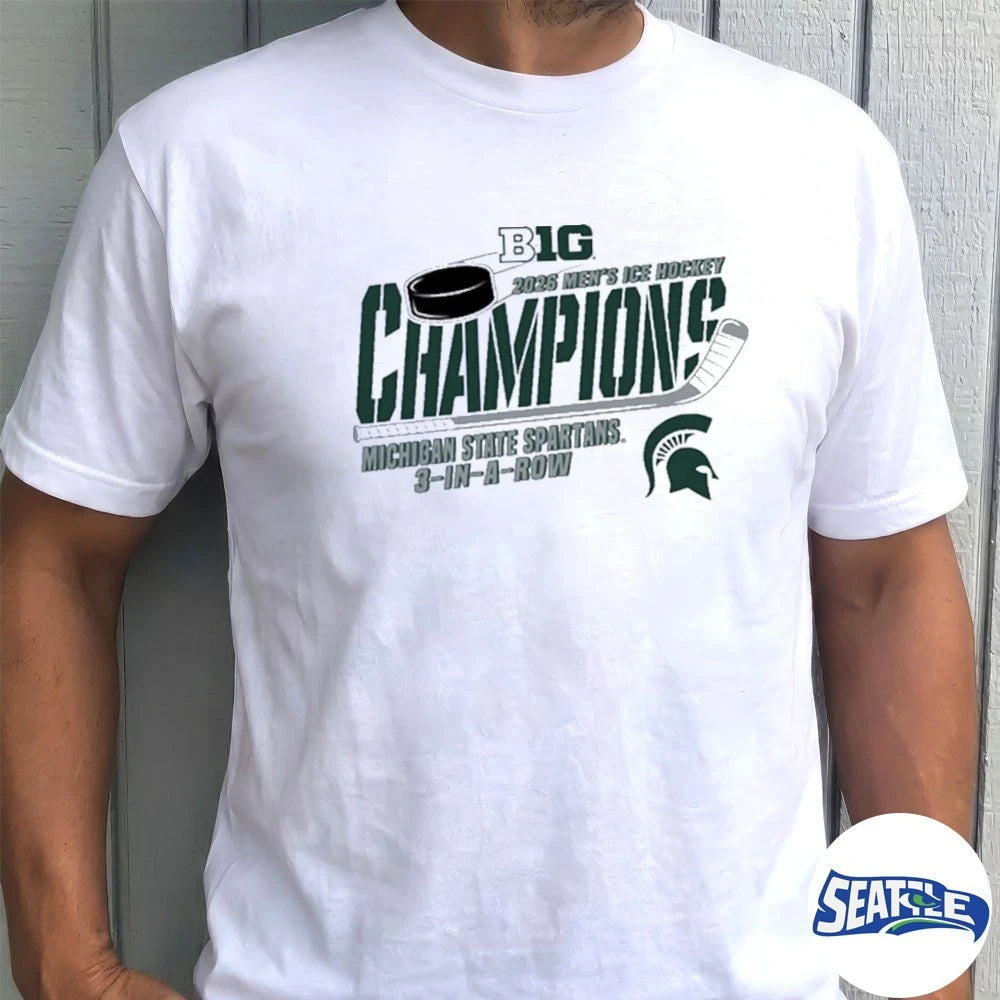 Official Michigan State Spartans 2026 Big Ten Ice Hockey Champions 3 In A Row t-shirt