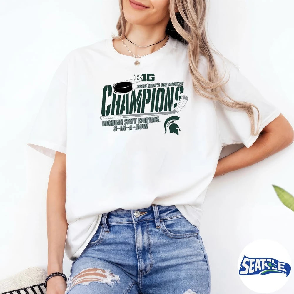 Official Michigan State Spartans 2026 Big Ten Ice Hockey Champions 3 In A Row t-shirt