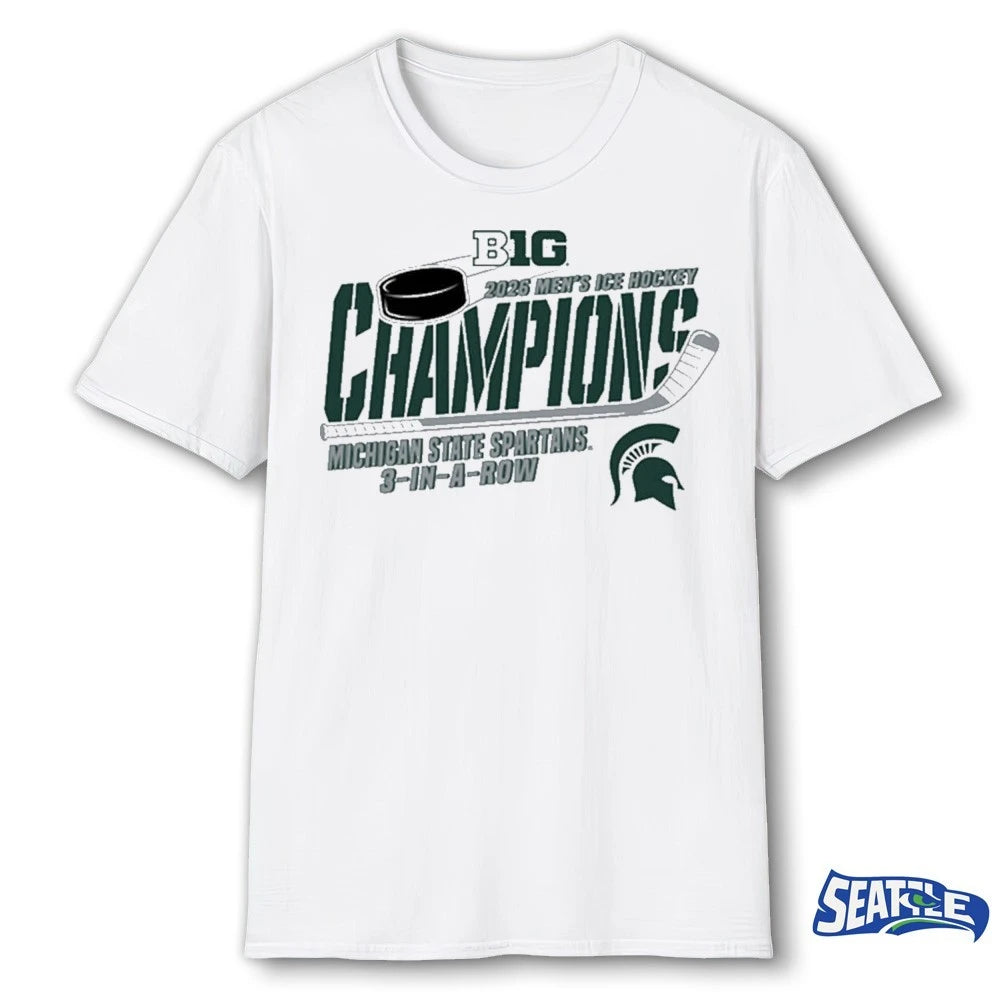 Official Michigan State Spartans 2026 Big Ten Ice Hockey Champions 3 In A Row t-shirt