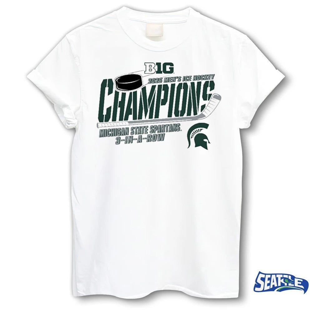 Official Michigan State Spartans 2026 Big Ten Ice Hockey Champions 3 In A Row t-shirt