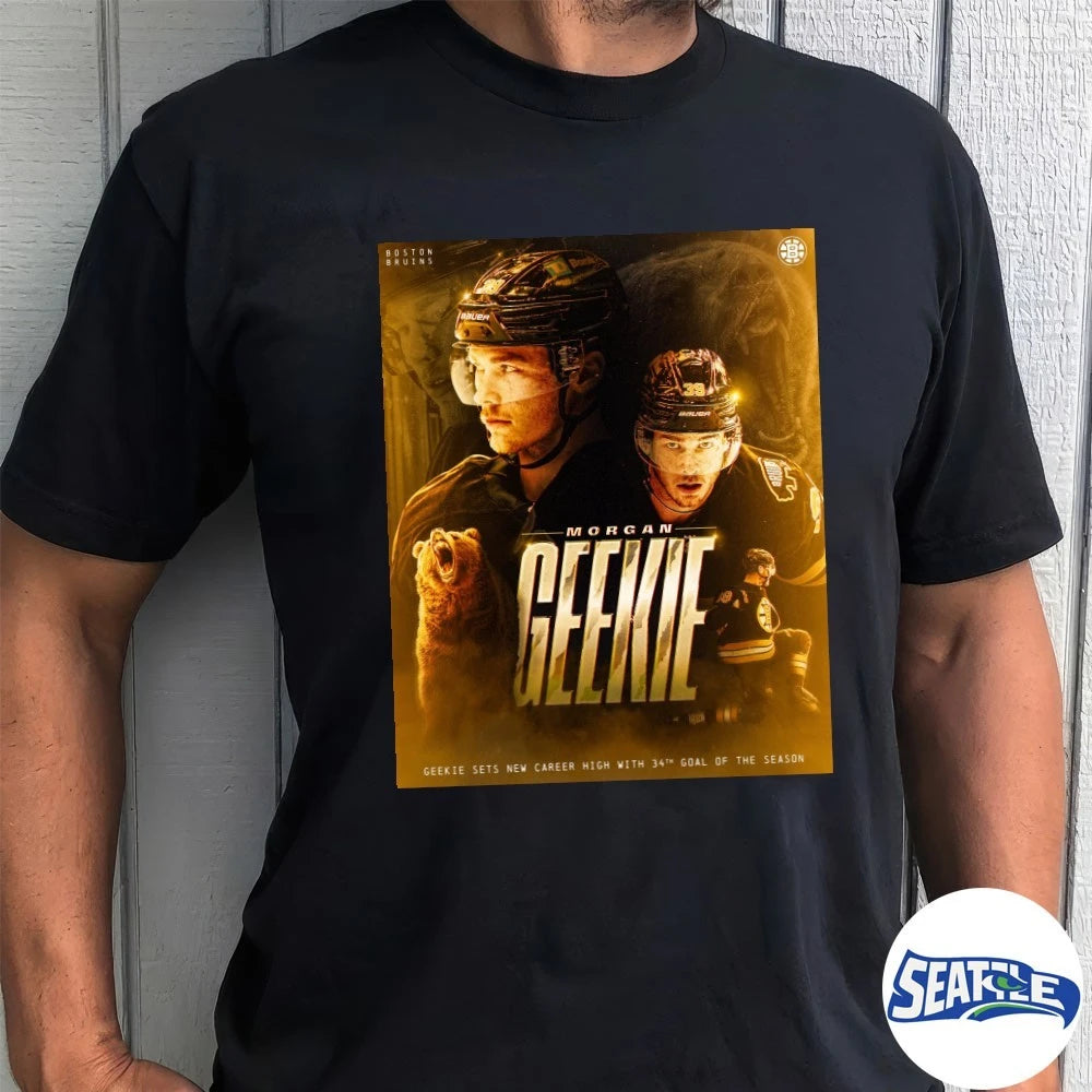 Official Morgan Geekie Boston Bruins Geekie Sets New Career High With 34th Goal Of The Season Poster t-shirt