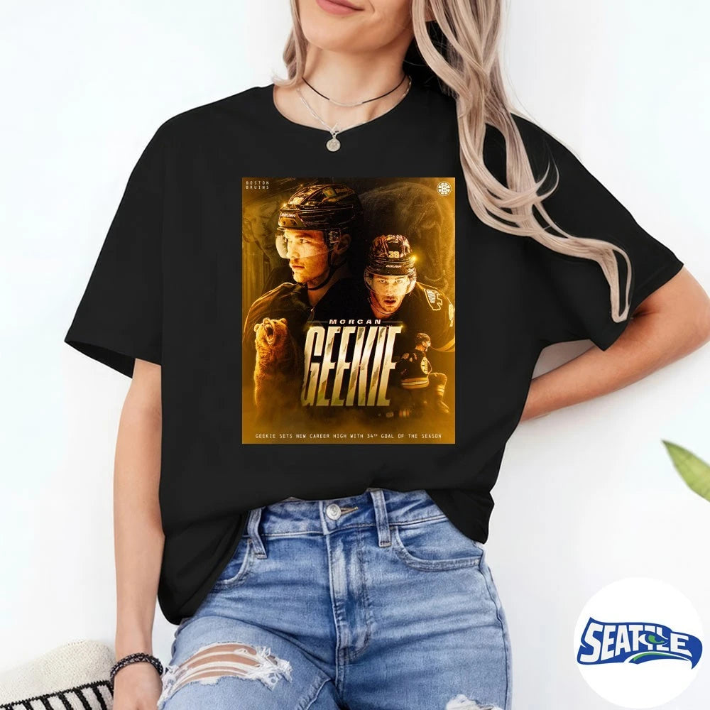 Official Morgan Geekie Boston Bruins Geekie Sets New Career High With 34th Goal Of The Season Poster t-shirt