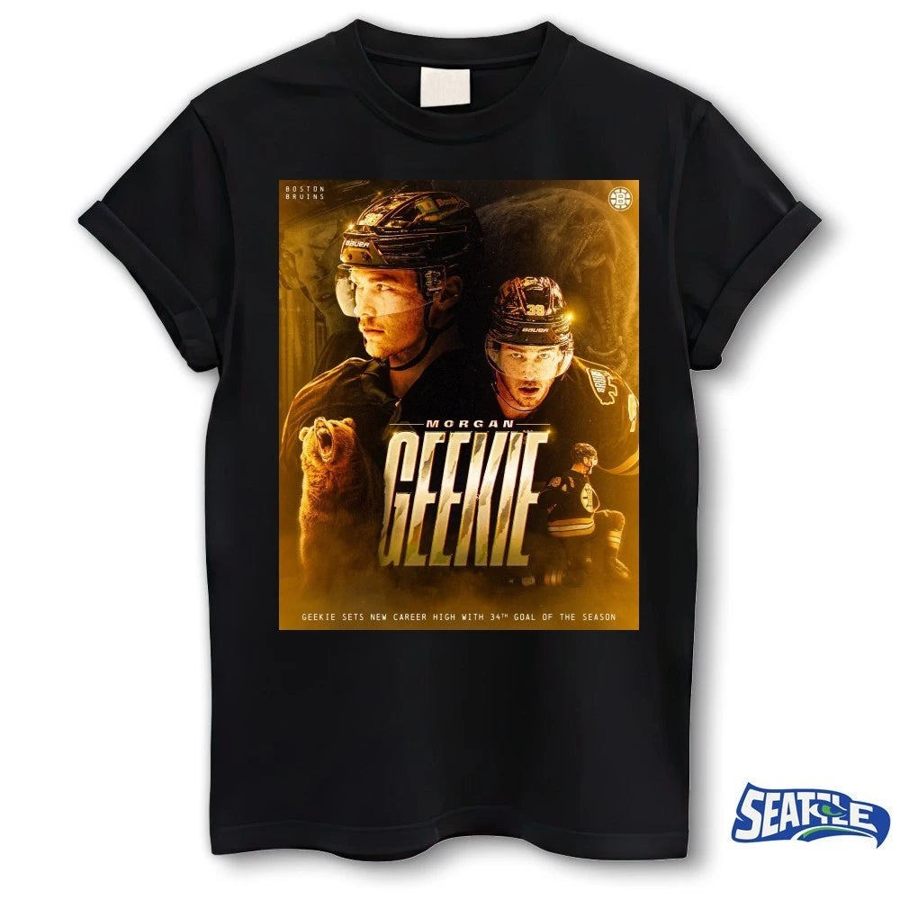 Official Morgan Geekie Boston Bruins Geekie Sets New Career High With 34th Goal Of The Season Poster t-shirt