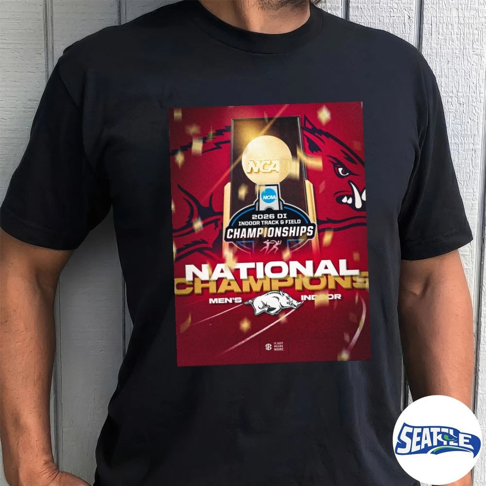 Official NCAA DI Men’s Indoor Track &amp; Field National Championship 2026 Arkansas Razorbacks Poster t-shirt