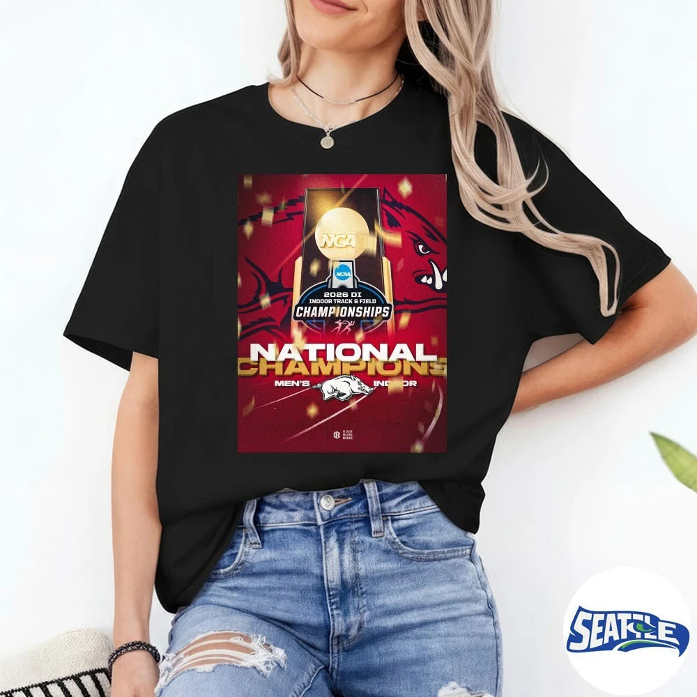 Official NCAA DI Men’s Indoor Track &amp; Field National Championship 2026 Arkansas Razorbacks Poster t-shirt