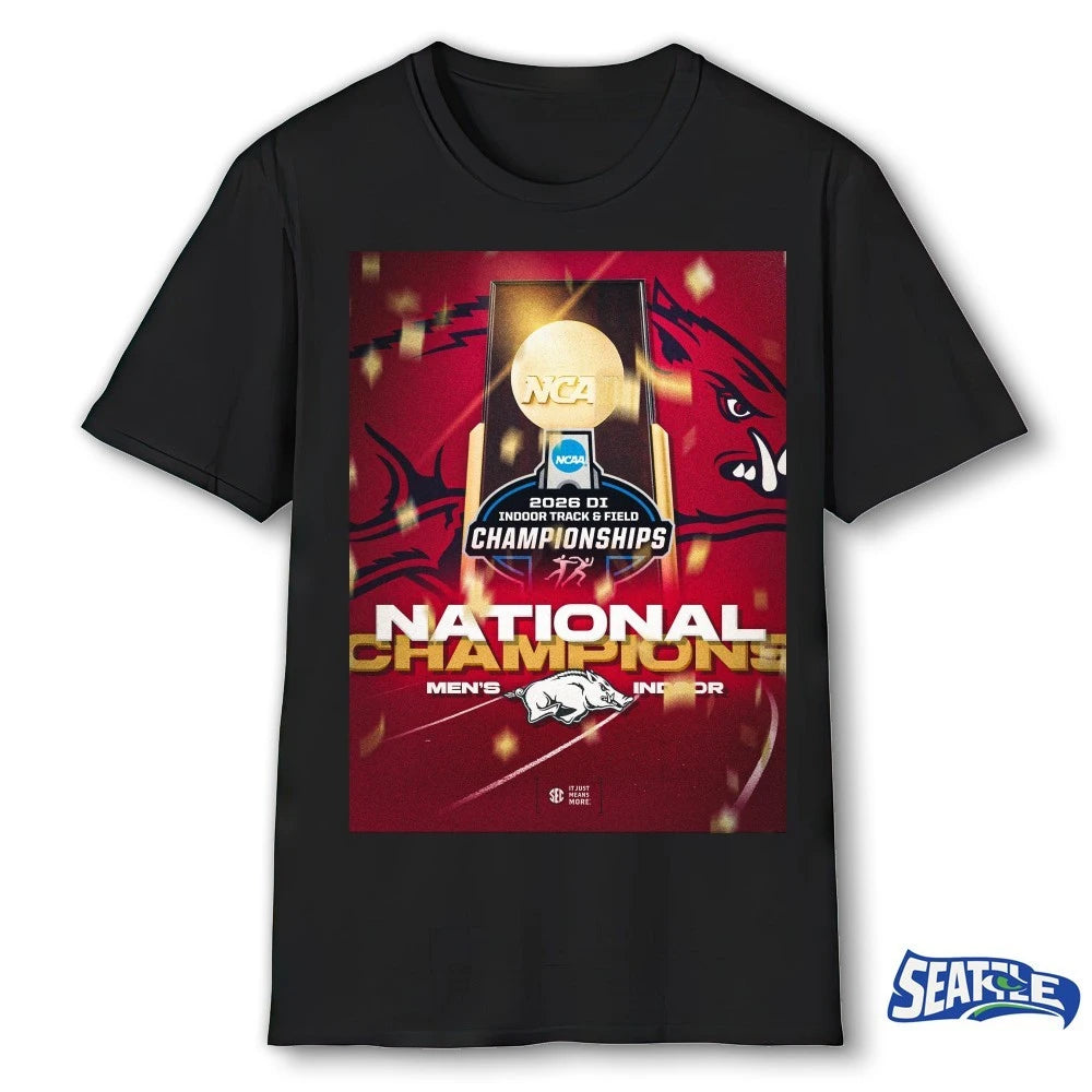 Official NCAA DI Men’s Indoor Track &amp; Field National Championship 2026 Arkansas Razorbacks Poster t-shirt