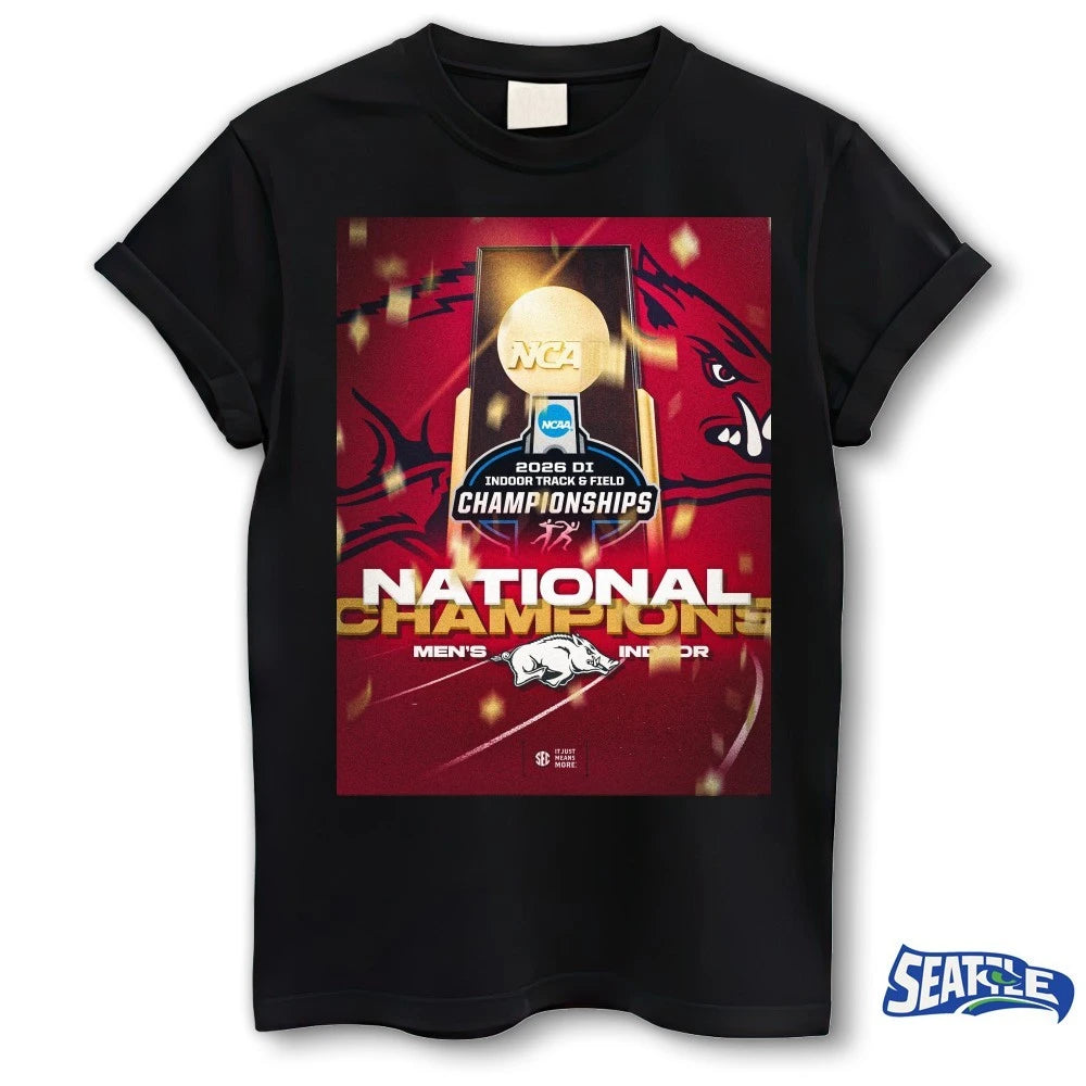 Official NCAA DI Men’s Indoor Track &amp; Field National Championship 2026 Arkansas Razorbacks Poster t-shirt