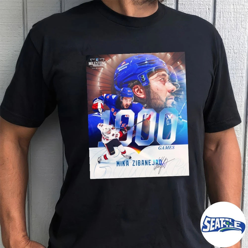 Official New York Rangers Hockey Mika Zibanejad 1000th Game 2026 Milestone Moments Signature Poster t-shirt