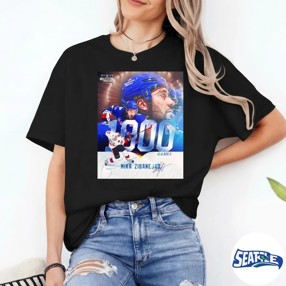 Official New York Rangers Hockey Mika Zibanejad 1000th Game 2026 Milestone Moments Signature Poster t-shirt