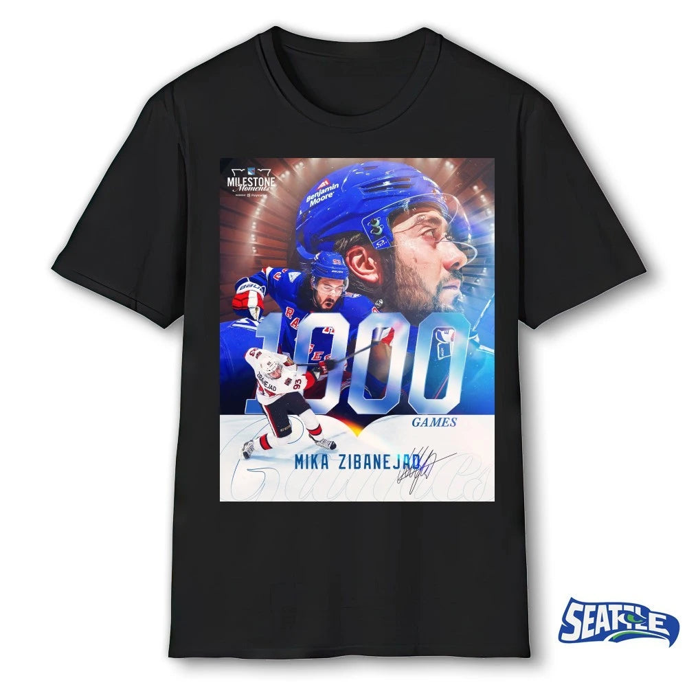 Official New York Rangers Hockey Mika Zibanejad 1000th Game 2026 Milestone Moments Signature Poster t-shirt