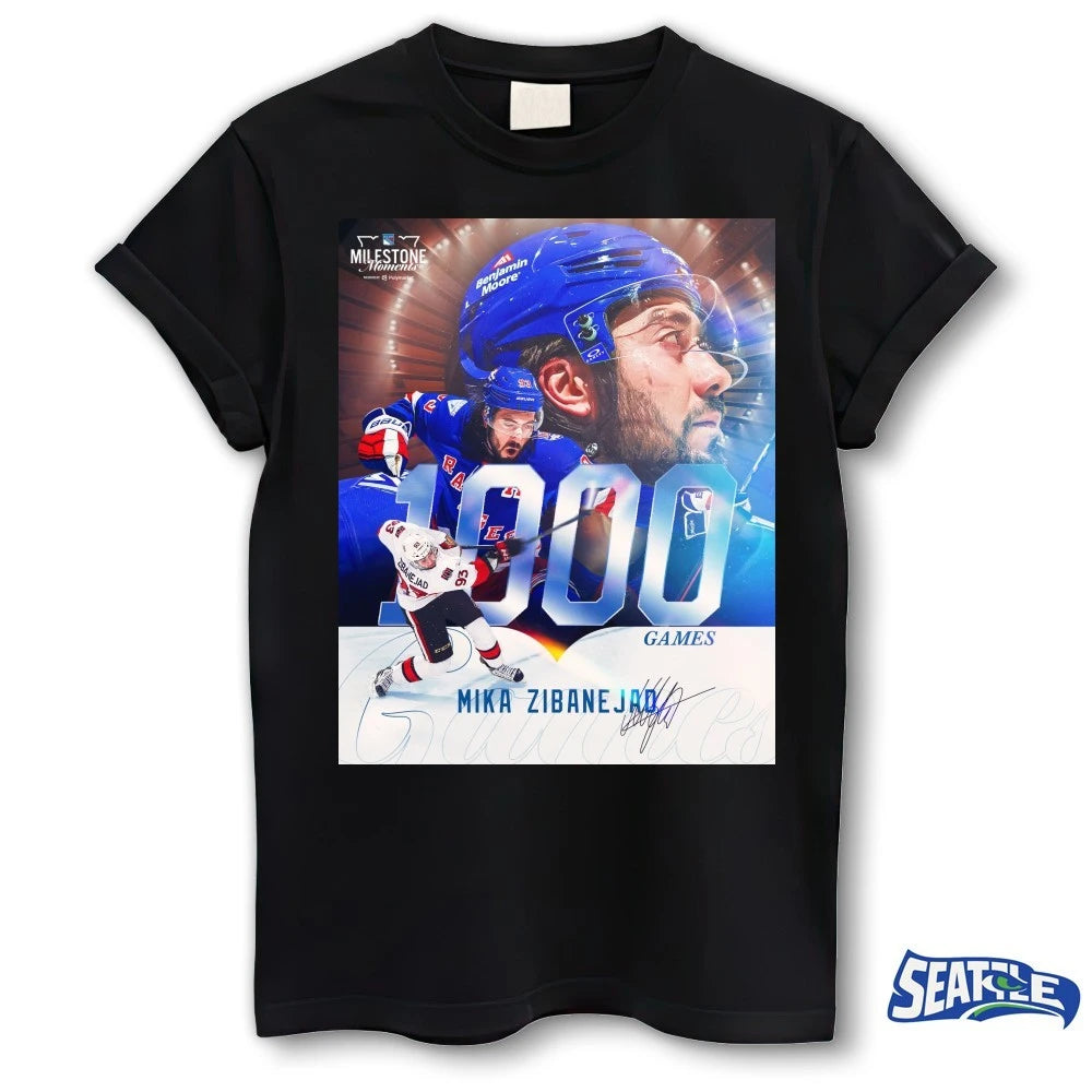 Official New York Rangers Hockey Mika Zibanejad 1000th Game 2026 Milestone Moments Signature Poster t-shirt