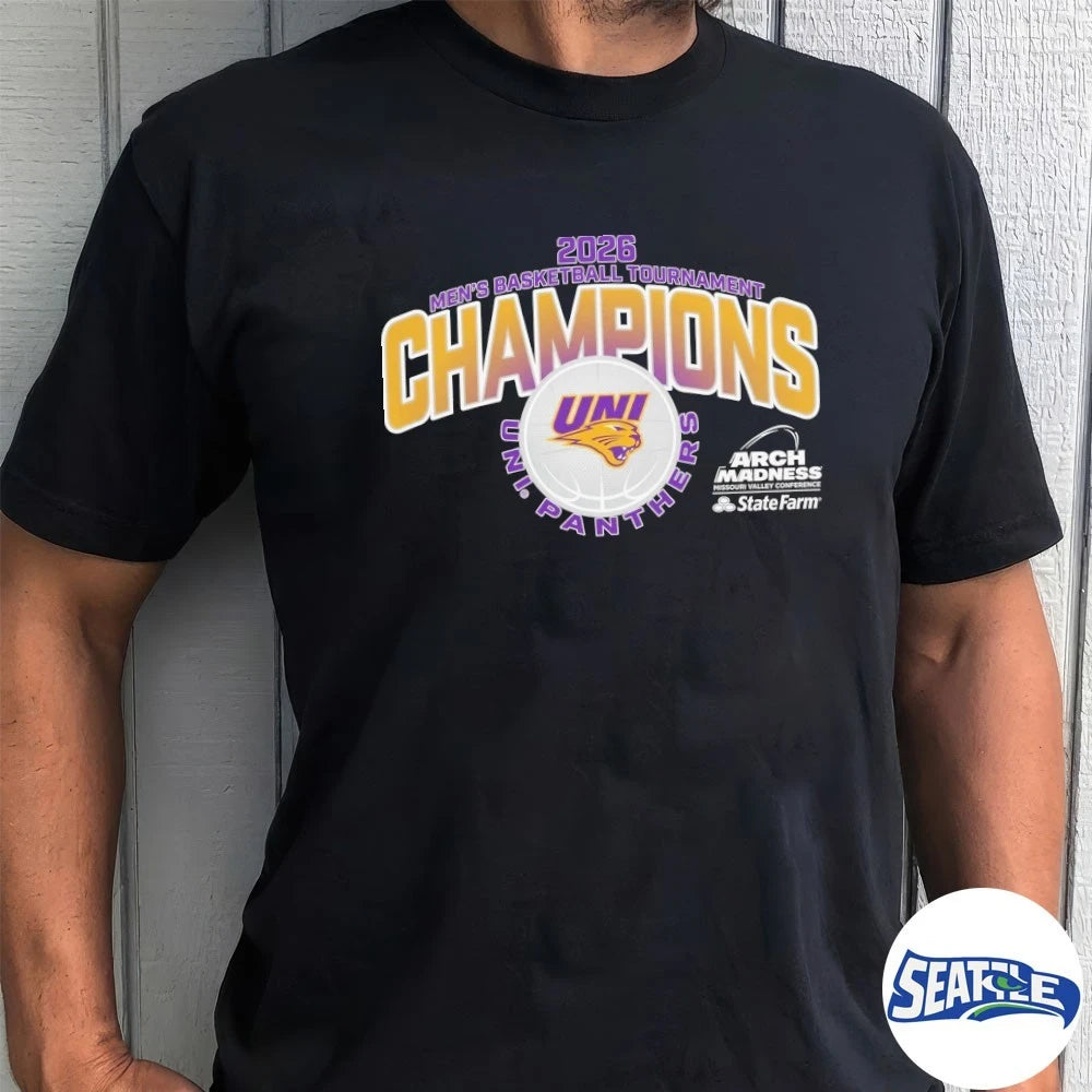 Official Northern Iowa Panthers 2026 State Farm Arch Madness MVC Men’s Basketball Tournament Champions Uni Panthers t-shirt