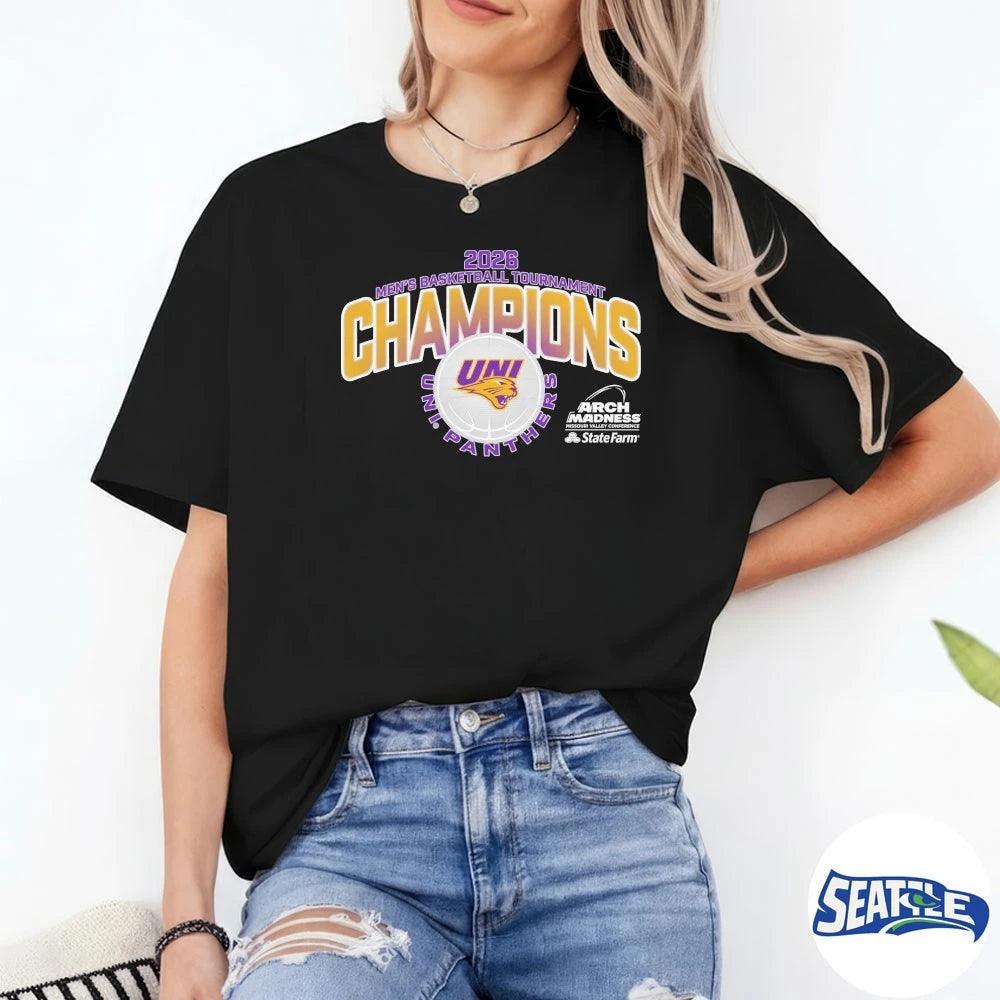 Official Northern Iowa Panthers 2026 State Farm Arch Madness MVC Men’s Basketball Tournament Champions Uni Panthers t-shirt