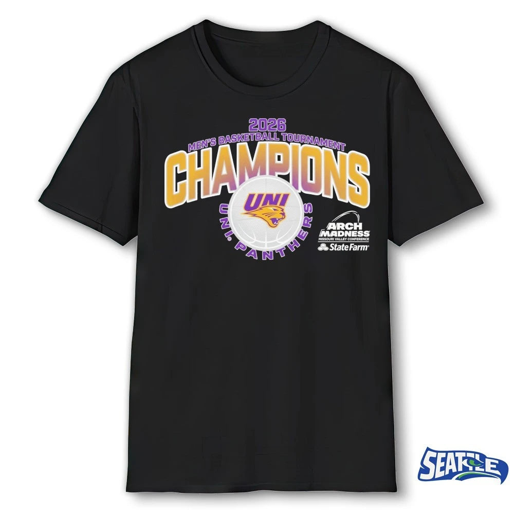 Official Northern Iowa Panthers 2026 State Farm Arch Madness MVC Men’s Basketball Tournament Champions Uni Panthers t-shirt