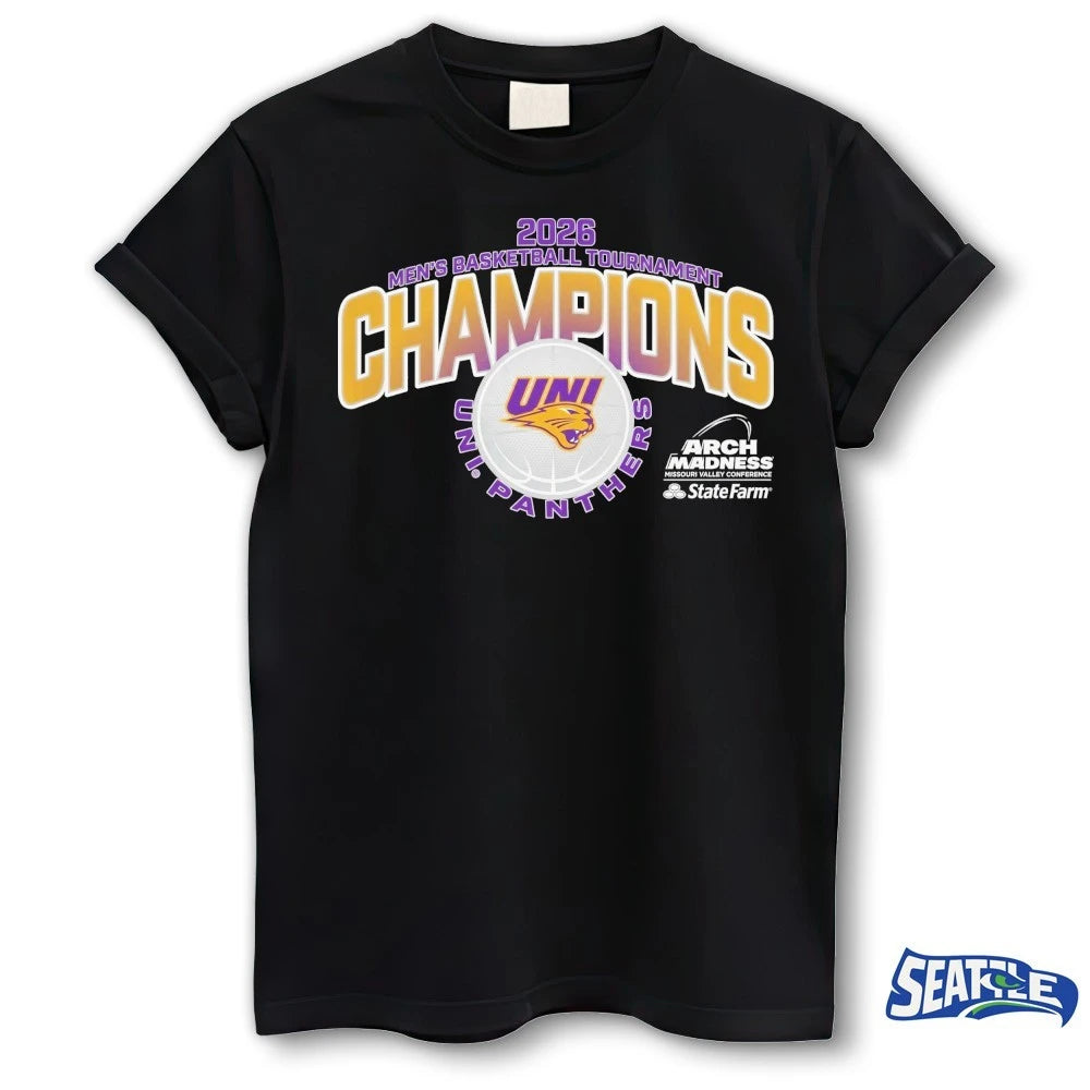 Official Northern Iowa Panthers 2026 State Farm Arch Madness MVC Men’s Basketball Tournament Champions Uni Panthers t-shirt