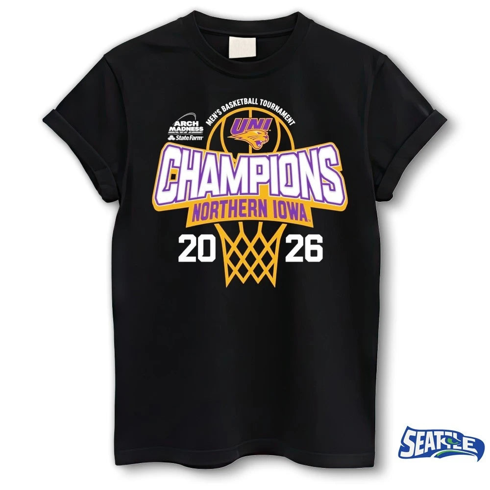 Official Northern Iowa Panthers 2026 State Farm Arch Madness MVC Men’s Basketball Tournament Champions t-shirt