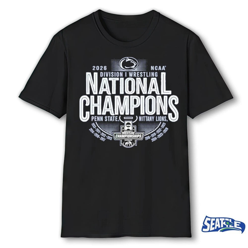 Official Penn State Nittany Lions 2026 NCAA Division I Men’s Wrestling National Champions 14-Time Five Peat Dynasty Cael Sanderson Cleveland t-shirt