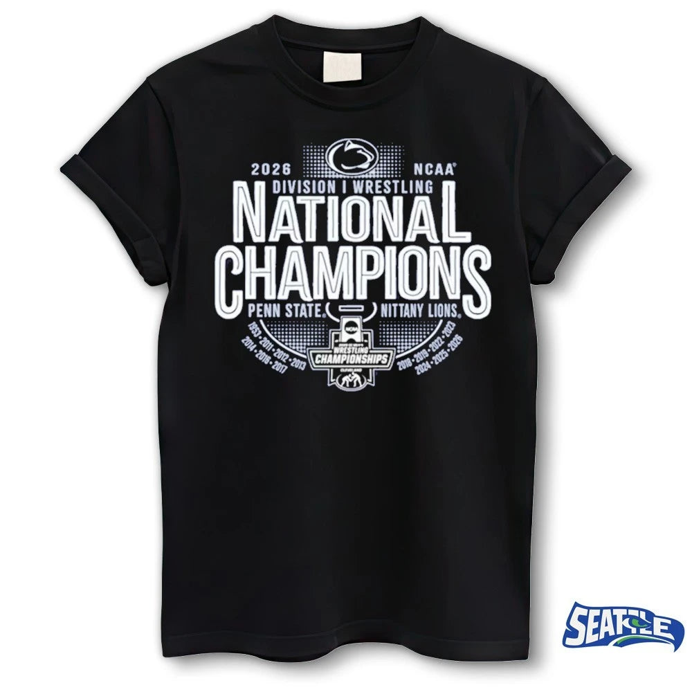 Official Penn State Nittany Lions 2026 NCAA Division I Men’s Wrestling National Champions 14-Time Five Peat Dynasty Cael Sanderson Cleveland t-shirt