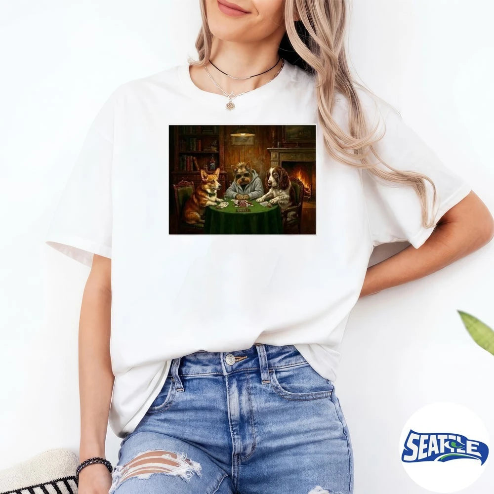 Official Peppah Otis And Hugo Dogs Playing Poker t-shirt