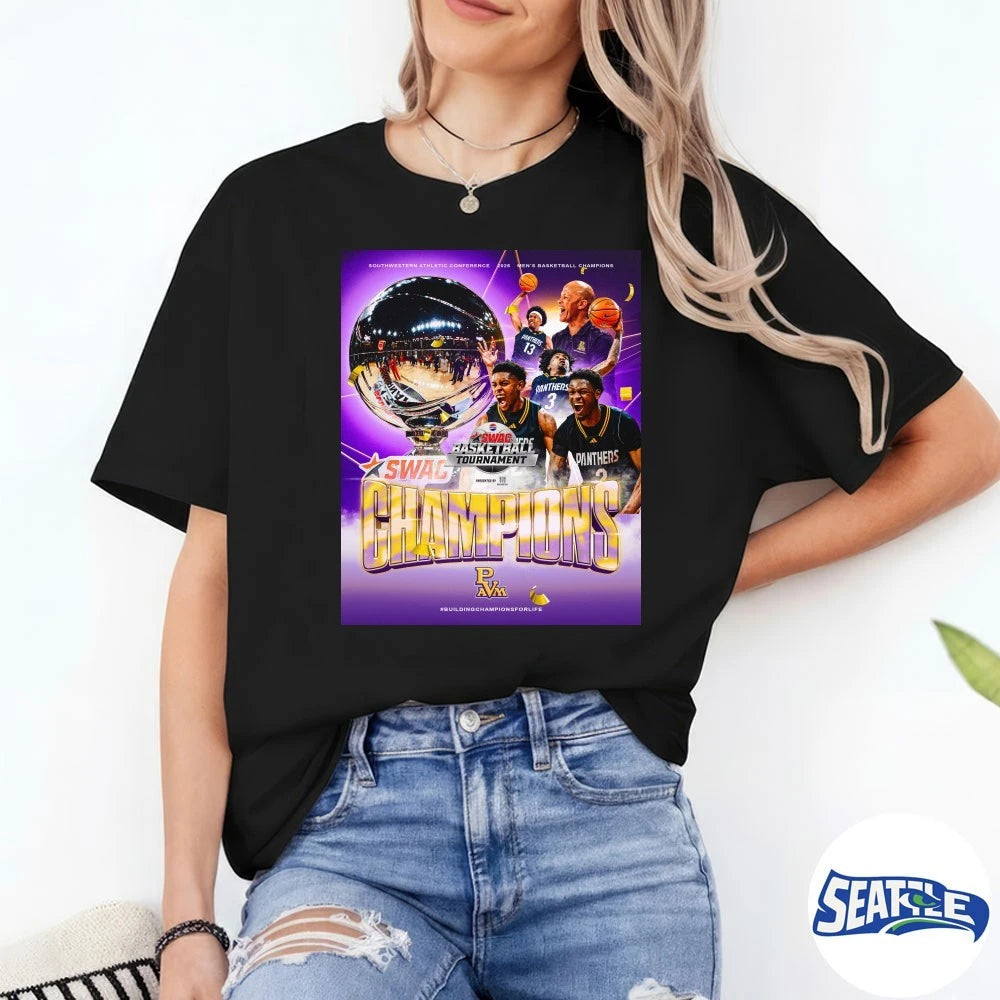 Official Prairie View A&amp;M Panthers 2026 Southwestern Athletic Conference Men’s Basketball Champions Poster t-shirt