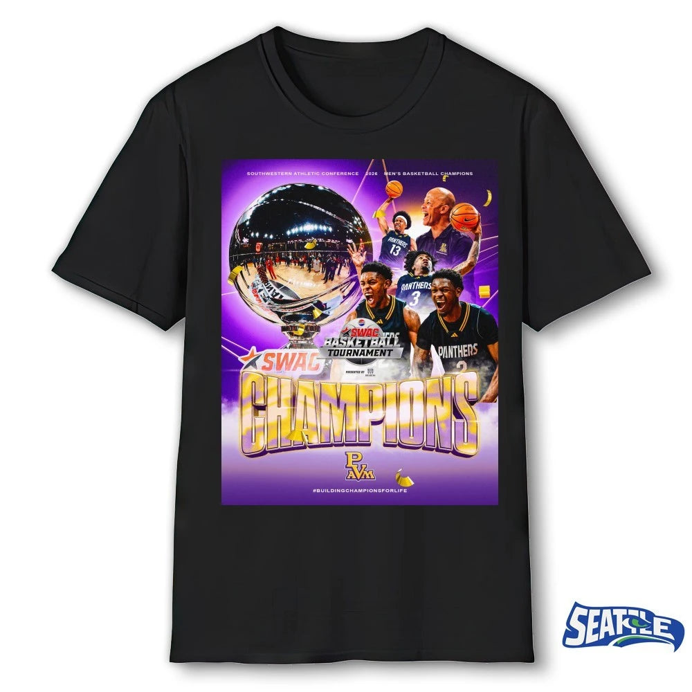 Official Prairie View A&amp;M Panthers 2026 Southwestern Athletic Conference Men’s Basketball Champions Poster t-shirt
