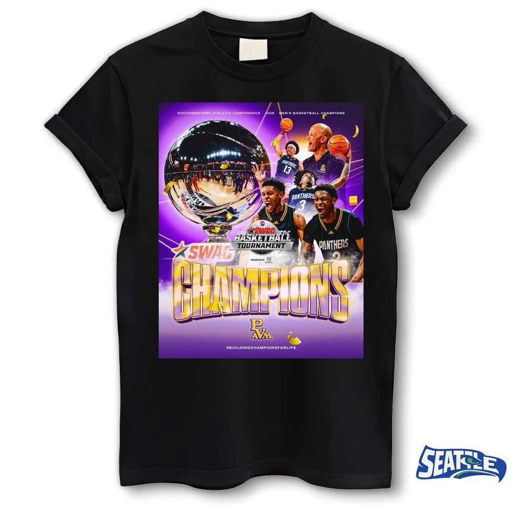 Official Prairie View A&amp;M Panthers 2026 Southwestern Athletic Conference Men’s Basketball Champions Poster t-shirt