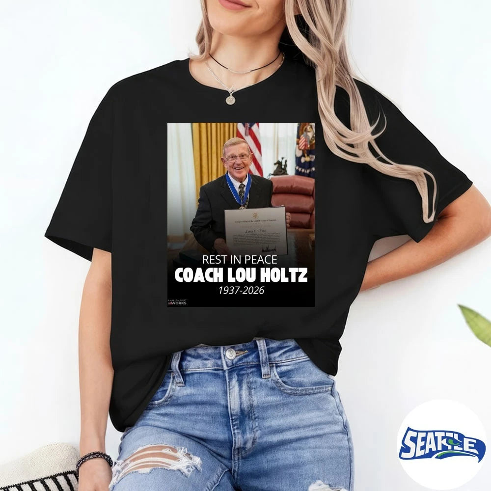 Official RIP Coach Lou Holtz 1937 – 2026 America First Works Poster t-shirt