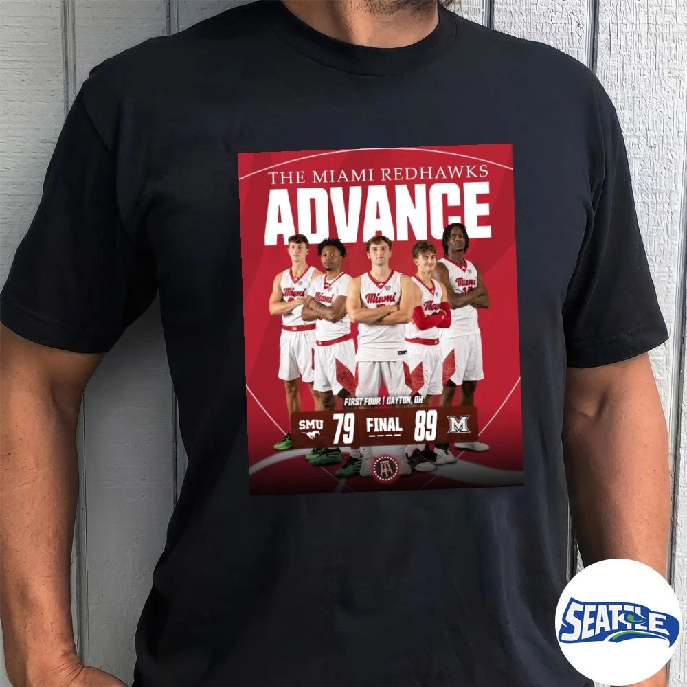 Official The Miami RedHawks Advance First Four Dayton OH Final Score SMU 79 – 89 Redhawks Poster t-shirt