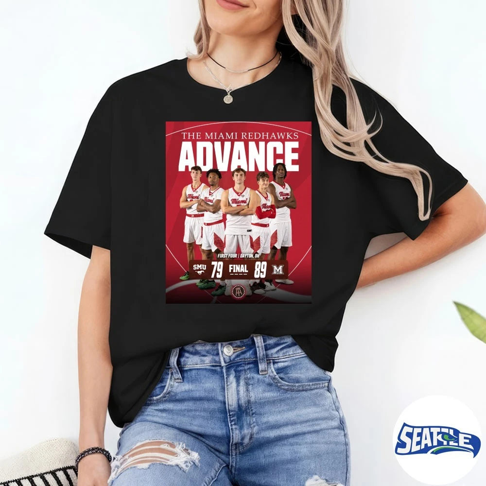 Official The Miami RedHawks Advance First Four Dayton OH Final Score SMU 79 – 89 Redhawks Poster t-shirt