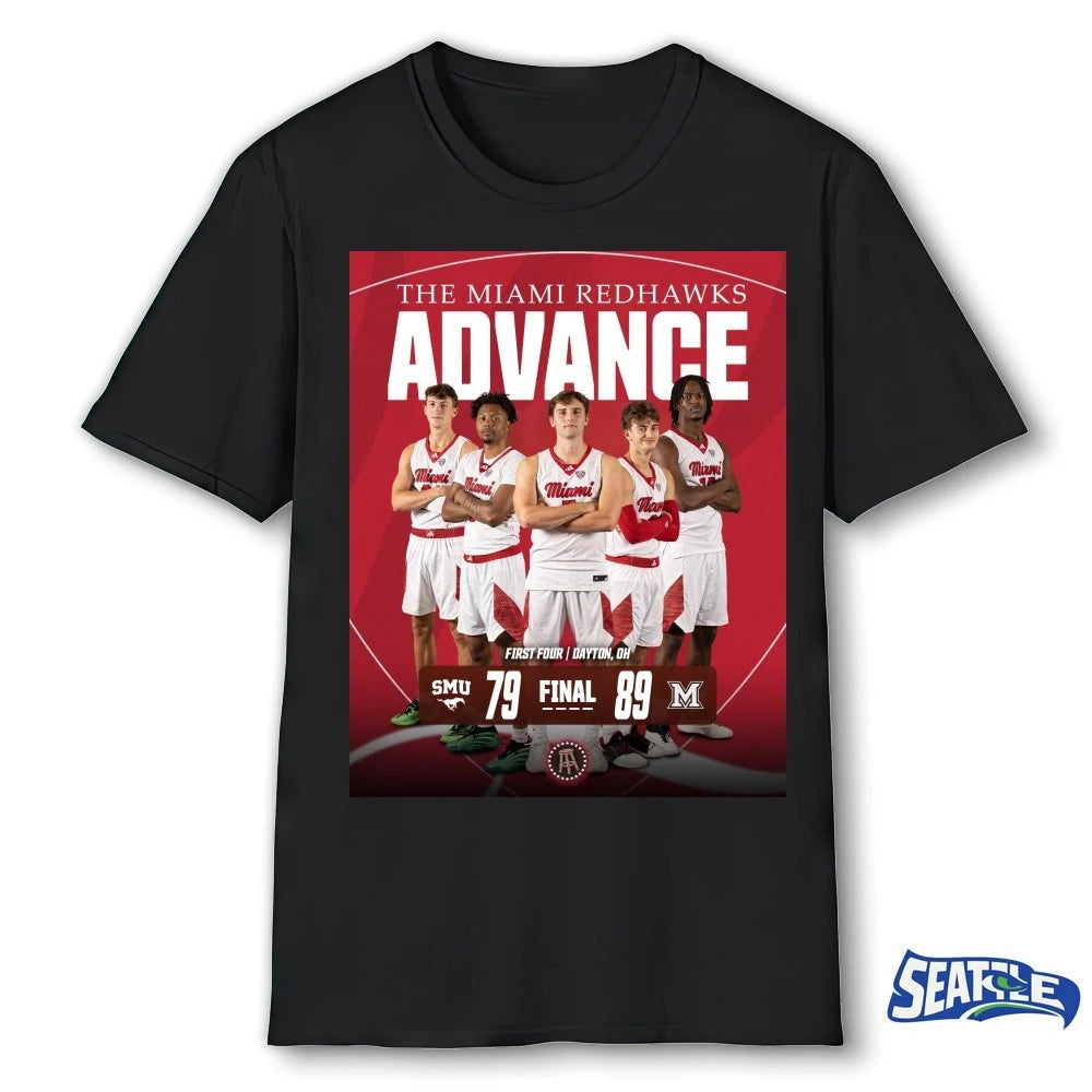Official The Miami RedHawks Advance First Four Dayton OH Final Score SMU 79 – 89 Redhawks Poster t-shirt