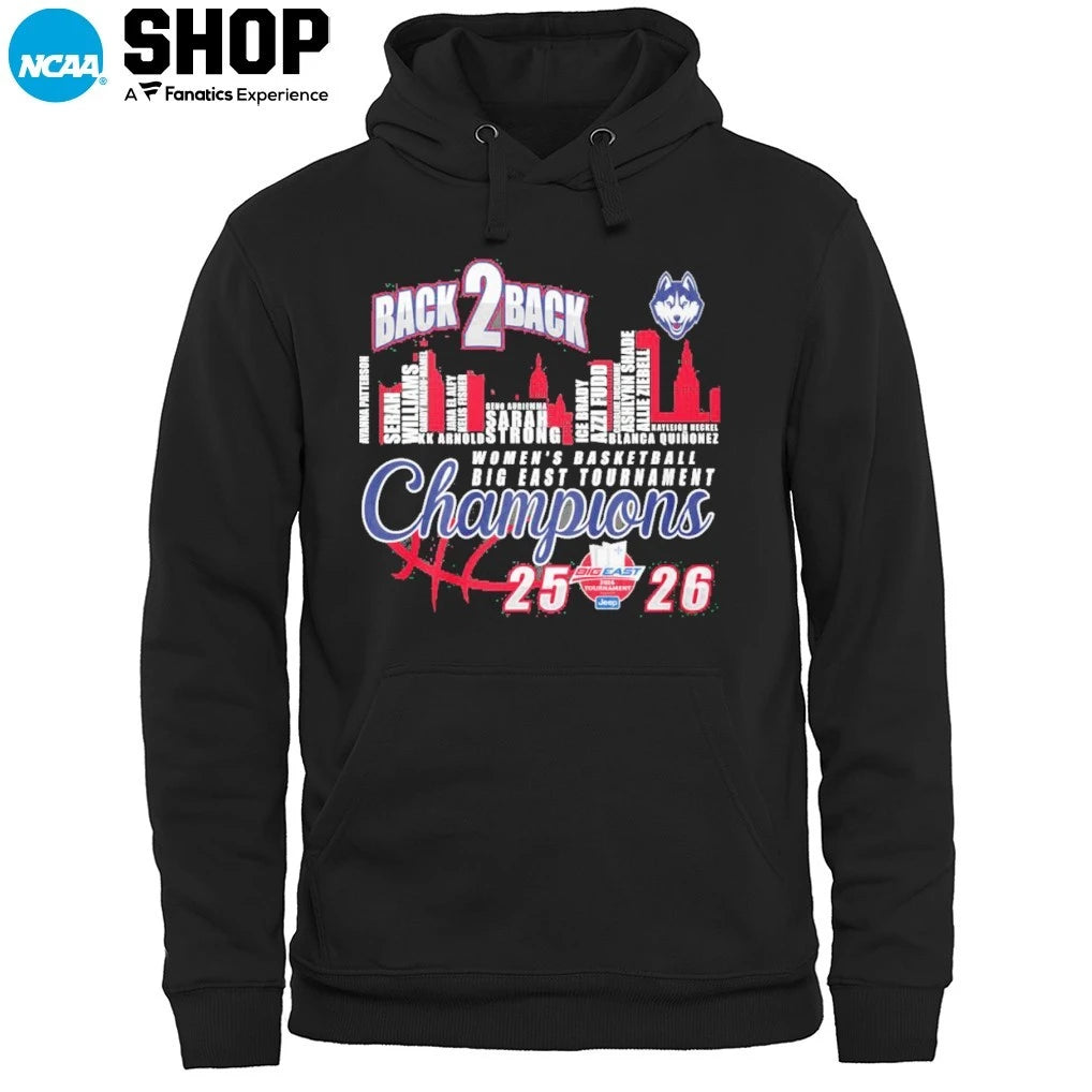 Official UConn Huskies Women’s Basketball Skyline City Players Names Back 2 Back 2025-26 Big East Tournament Champions T-Shirt