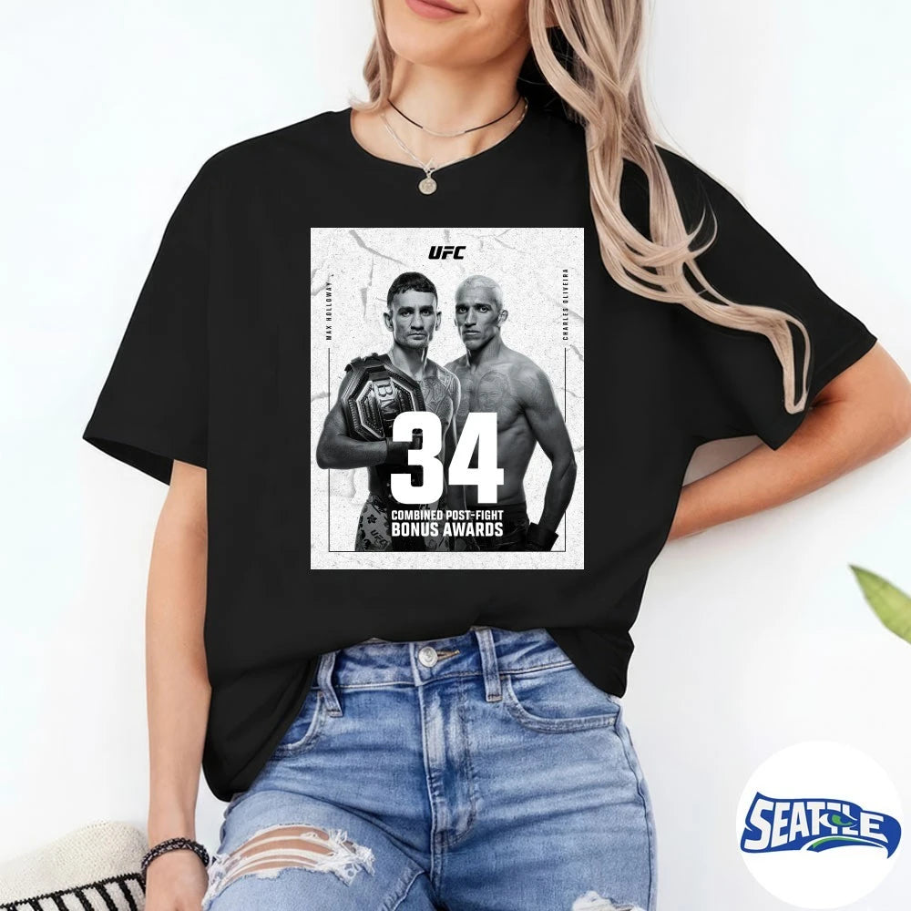 Official UFC 326 Max Holloway And Charles Oliveira 34 Combined Post-Fight Bonus Awards Poster t-shirt
