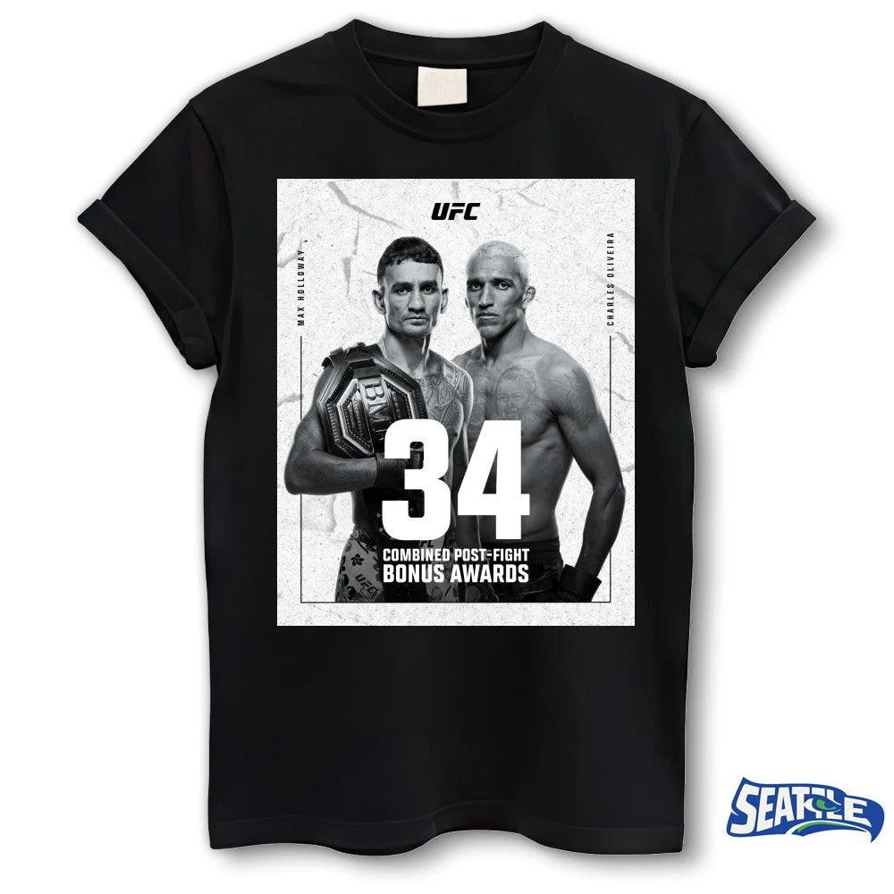 Official UFC 326 Max Holloway And Charles Oliveira 34 Combined Post-Fight Bonus Awards Poster t-shirt