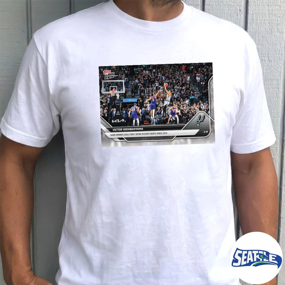 Official Victor Wembanyama Game Winner Seals First Spurs Playoff Berth Since 2019 2025-26 NBA Topps NOW Card t-shirt