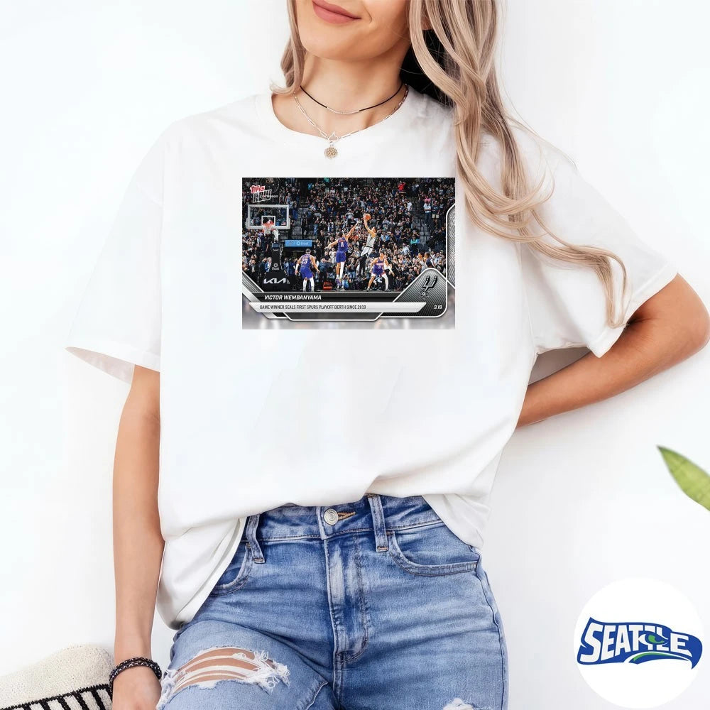 Official Victor Wembanyama Game Winner Seals First Spurs Playoff Berth Since 2019 2025-26 NBA Topps NOW Card t-shirt
