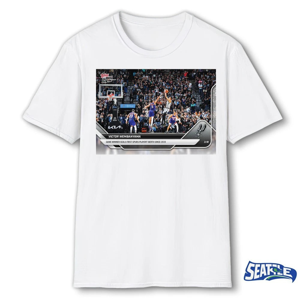 Official Victor Wembanyama Game Winner Seals First Spurs Playoff Berth Since 2019 2025-26 NBA Topps NOW Card t-shirt