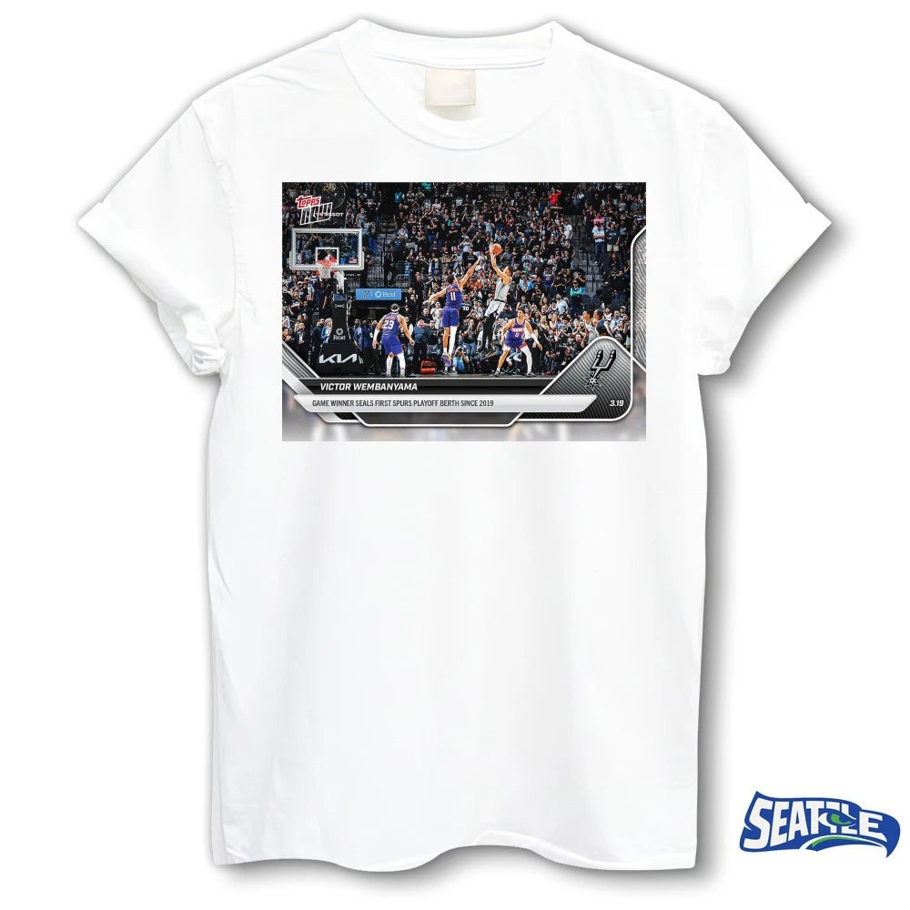Official Victor Wembanyama Game Winner Seals First Spurs Playoff Berth Since 2019 2025-26 NBA Topps NOW Card t-shirt