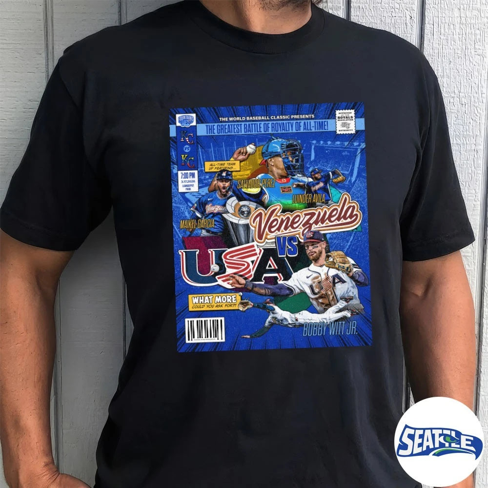 Official World Baseball Classic Venezuela and the USA Salvador Perez, Luinder Avila, Maikel Garcia, and Bobby Witt Jr t-shirt