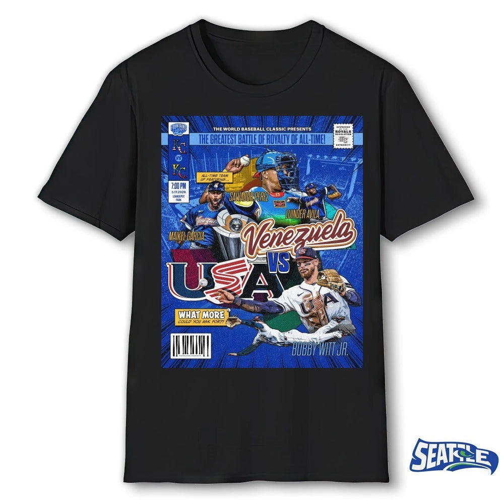 Official World Baseball Classic Venezuela and the USA Salvador Perez, Luinder Avila, Maikel Garcia, and Bobby Witt Jr t-shirt