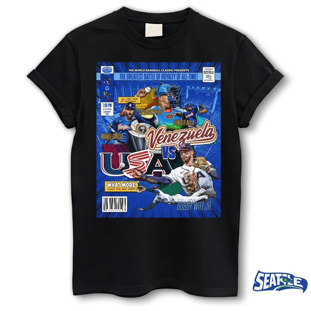 Official World Baseball Classic Venezuela and the USA Salvador Perez, Luinder Avila, Maikel Garcia, and Bobby Witt Jr t-shirt